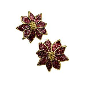 Vintage Poinsettia Clip On Earrings Glittery Flower Red Enamel Gold Tone Metal
